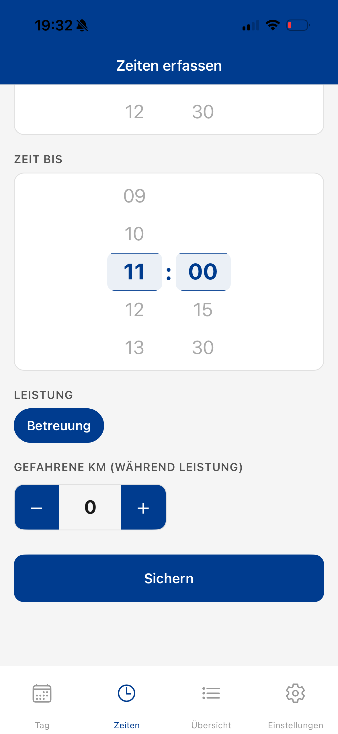 KM-Erfassung in der App
