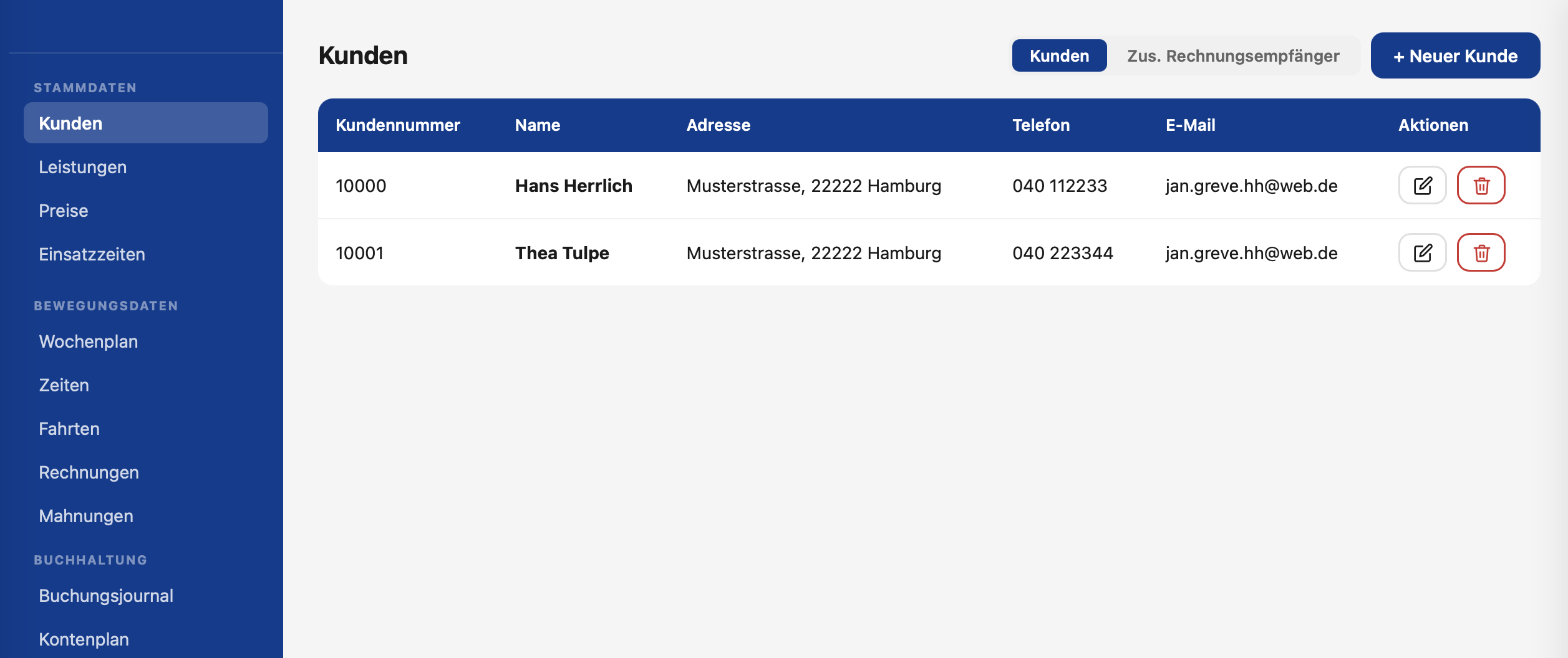Kundenliste im Web-Dashboard